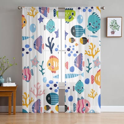 Cartoon Dieren Vissen Koraal Schelpen Schattige Doorzichtige Raambekleding Tule Gordijnen voor Woonkamer Slaapkamer Hotel Huisdecoratie Voile Gordijnen 135W x 114H(cm)