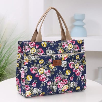 Mode Bloemenprint Draagtas Draagbare Canvas Lunchtas Dames Casual Handtas Bento Mama Schoudertas Voor Picknick Reizen donkerblauwe kleur