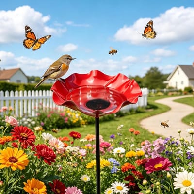 Tuinsteeker Vogelbad Metaal - Bloemvorm Bijendrinkbak - 60 cm Hoogte - Weerbestendig Design - Voor Tuin en Terras - Rood