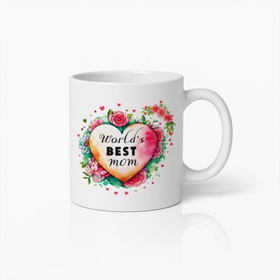 World's Best Mom Koffiemok - Moederdag Cadeau - Bloemen Hart Design - 330ml - Keramiek Wit