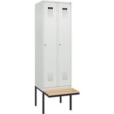 C+P Evolo Plus garderobekast, 2 vakken van elk 300 mm breed, zwevende bank, B 600 x D 815 x H 2120 mm, cilinder, lichtgrijs/lichtgrijs