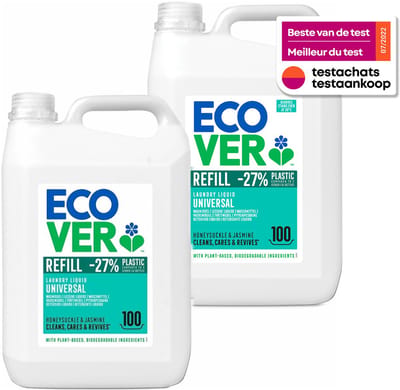 Ecover - Vloeibaar Wasmiddel Universal - Promopack 2 x 5 L - 200 wasbeurten - Plantaardig & Biologisch afbreekbaar - Krachtige reiniging bij 20°C - Frisse geur