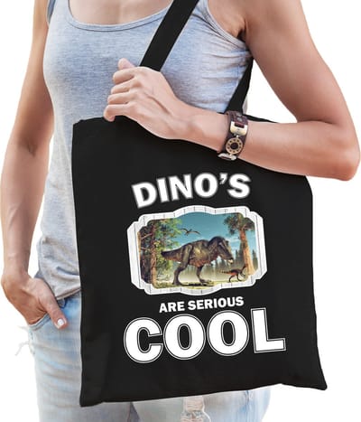 Dieren t-rex dinosaurus katoenen tasje volw + kind zwart - dinosaurs are cool boodschappentas/ gymtas / sporttas - cadeau dinosaurussen fan