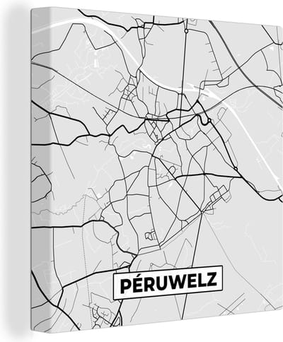 Canvas Schilderij Stadskaart – Zwart Wit - Kaart – Péruwelz – België – Plattegrond - 20x20 cm - Wanddecoratie
