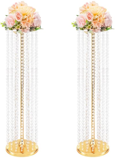 bloemenstandaard, set van 2, 90 cm hoge kristallen vazen, goudkleur, decoratiestandaard voor bruiloft, feest en tafeldecoratie, met de hand gepareld met acrylkralen en metalen