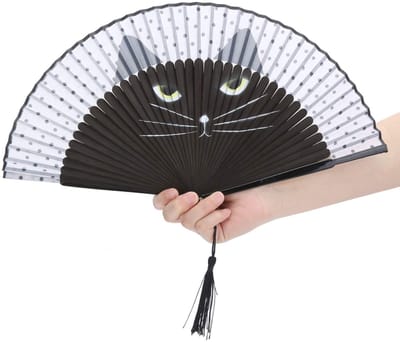 Allecto - Bamboe Vouwen Ventilator - Uniek Kat Motief - Retro Decoratie voor Feesten - Handgemaakt en Duurzaam - Ideaal voor Bruiloften - Lichtgewi...