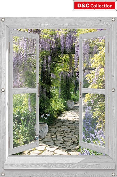 Bloemen tuinposter - 95x130 cm - doorkijk - Wit venster - luxe uitvoering - Uitzicht laan blauwe regen met vlinders - Verticaal - tuindoek - tuin decoratie - tuinposters buiten - schuttingposter - balkon poster - wand decoratie