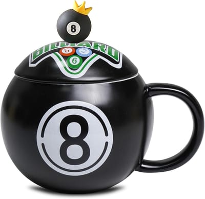 Creatieve keramische koffiemok met deksel in 8-ball design, origineel cadeau voor biljartliefhebbers, vrienden en feestdagen, 420 ml