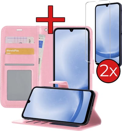 Hoesje - Met 2x Screenprotector - Geschikt voor Samsung Galaxy A25 - Luxe Pasjeshouder - Flip Case - Bookcase Portemonee - Kunstleer Book Case - Flipcase Hoes - Book Cover - Walletcase - Portemonneehoes - Telefoonhoes - Lichtroze