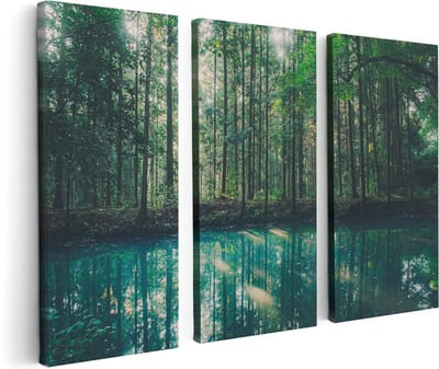 Artaza Canvas Schilderij Drieluik Bos Bij Een Groen Meer - 120x80 - Foto Op Canvas - Canvas Print