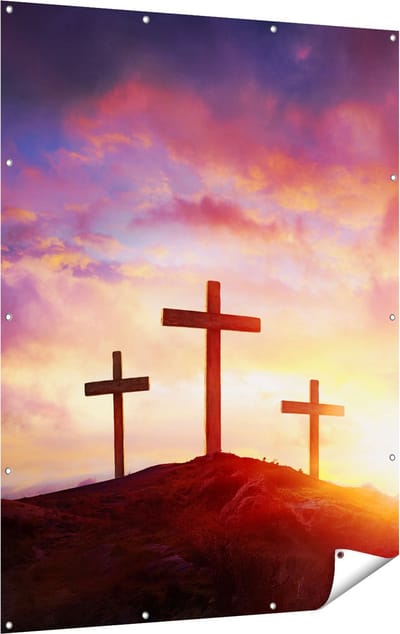 Gards Tuinposter Kruisiging van Jezus Christus - Drie Kruisen - 120x160 cm - Tuindoek - Tuindecoratie - Wanddecoratie buiten - Tuinschilderij