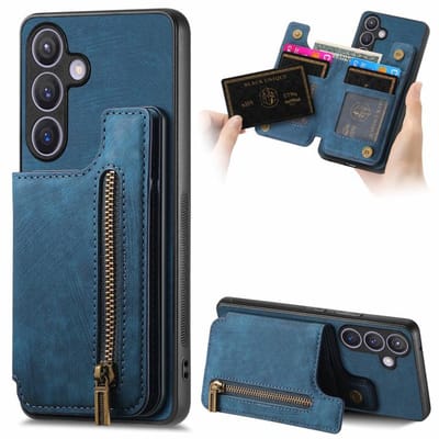 Silicone TPU en kunstleer kickstand retro blauw back cover hoesje case met rits - pasjeshouder - telefoonhoesje geschikt voor de Samsung Galaxy A57 5G