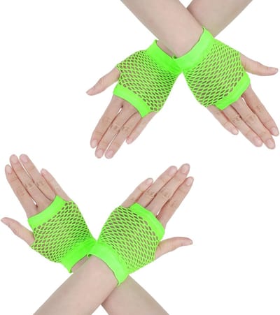 2 Paar Groene Vingerloze Handschoenen, Korte Elastische Neon Net Handschoenen voor Feestjes, Cosplay en 80s 90s Kostuums Accessoires voor Dames