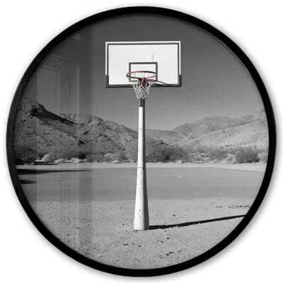 Poster in lijst Rond - Fotolijst 40x40 cm - Posters - Basketbalpaal - Landschap - Zand - Wit - Ronde posterlijst zwart - Decoratie - Wanddecoratie woonkamer - Muurdecoratie slaapkamer