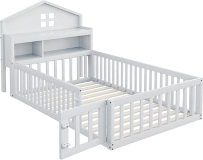 Kinderbed 90x200 - Huisbed - Vloerbed - Houten kinderbed - Opbergruimte - Uitvalbeveiliging - Krijtbord - Kinderkamer - Wit