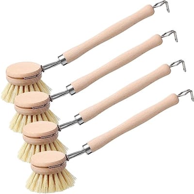 Keuken afwasborstel met houten handvat - set van 4 - duurzame schrobborstels voor pannen en keukengerei
