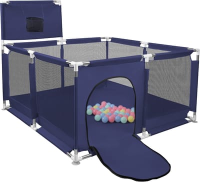 PIPIPOXER Babybox 126*126cm Boxhekje met 50 ballen, basketbalring, antislipbodem-Blauw