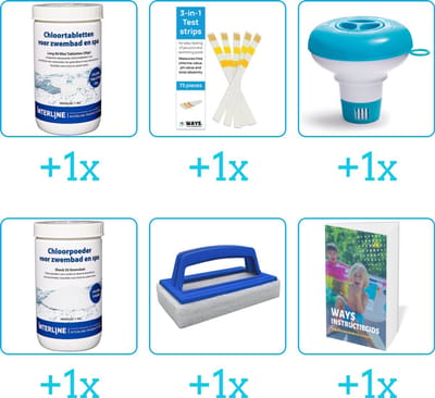 Zwembad Onderhoudspakket - Onderhoud Zwembad - bevat Chloor - Testrips - Chloordrijver - Chloor - Scrubborstel en Zwembadgids (6-delig)