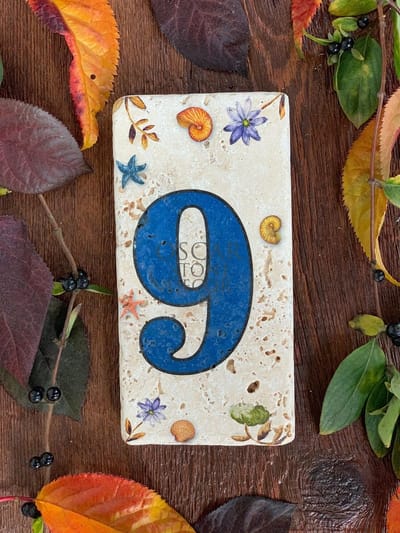 MAK40 - Huisnummer 9 – Blauw – Handgemaakt Natuursteen met Schelpen, Zeester & Bloemen – 15x7,5x1.5 cm – Wanddecoratie – Weerbestendig