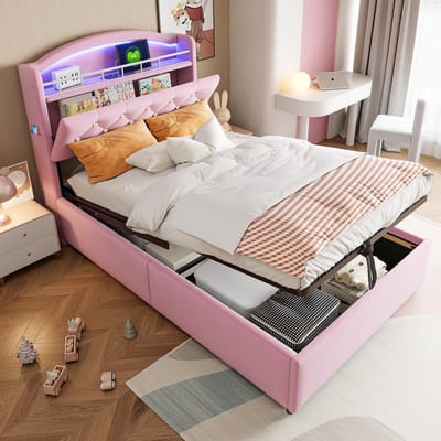 DESMIU Gestoffeerd Kinderbed 90x200 cm – Met Ledverlichting En Usb Oplaadpunten – Gasveer Opbergruimte – Voor Kinderkamer – Fluweel – Roze – Zonder Matras