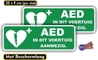 Jerma - AED in dit voertuig aanwezig - stickers - 2 st - 25 x 9 cm - Weerbestendig - Zelfklevend