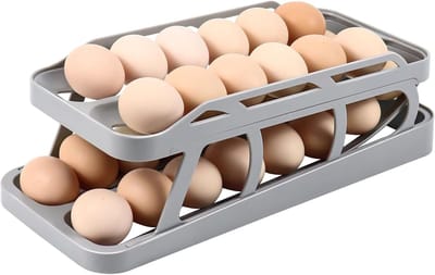 Famanu – Eieropslag voor de koelkast - dubbele rij eierhouder met automatische rolfunctie - voor 24-48 eieren - eierorganizer voor de koelkast - eierhouder - eierdispenser - ruimtebesparende keuken (grijs)
