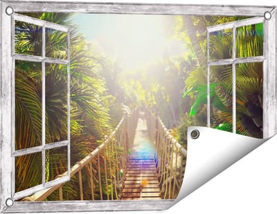 Gards Tuinposter Doorkijk Houten Brug in de Tropische Jungle - 60x40 cm - Tuindoek - Tuindecoratie - Wanddecoratie buiten - Tuinschilderij