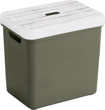 Sunware Opbergbox - mand - donkergroen - 25 Liter - kunststof - met houtkleur deksel - opslag kist - 35 x 25 x 36 cm