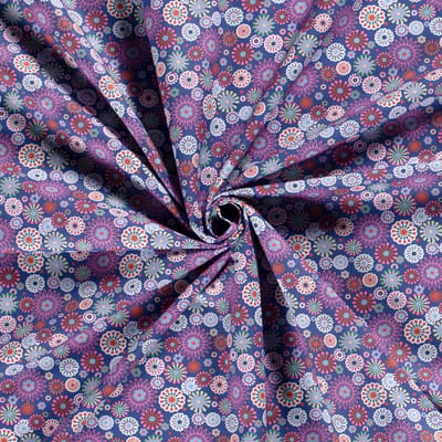 Poplin Katoen Stof Bedrukt - Mille Fleur Bloemen Kobalt Blauw - 1 Meter
