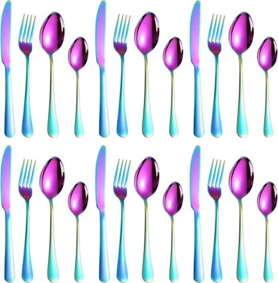 Kleurvol Bestekset voor 6 Personen, RVS Campingbestek met Lepel, Vork en Mes, Vaatwasmachinebestendig, Duurzaam en Lichtgewicht