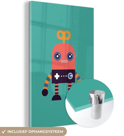 MuchoWow® Glasschilderij 120x180 cm - Schilderij acrylglas - Robot - Speelgoed - Gezicht - Roze - Jongens - Kinderen - Foto op glas - Schilderijen