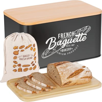 Broodtrommel Vintage 'French Baguette' - Metaal & Bamboe - 30 x 18 x 13,7 cm - Voor Stokbrood en Beschuit