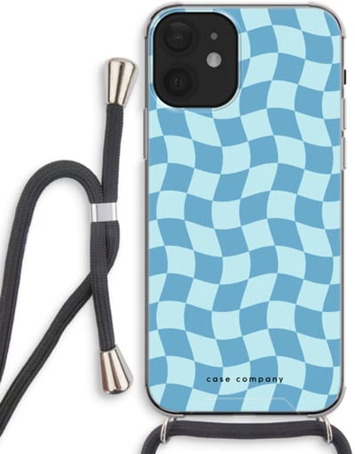 Case Company® - Hoesje met koord geschikt voor iPhone 12 hoesje met Koord - Grid Blauw - Telefoonhoesje met Zwart Koord - Bescherming aan alle Kanten en Over de Schermrand