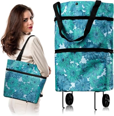 2-in-1 boodschappentas met wieltjes, opvouwbaar, multifunctionele boodschappentas met opvouwbare wielen, 2-in-1 trolley, boodschappentrolley, opvouwbaar, voor boodschappen thuis
