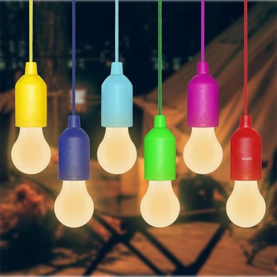 GELLDG 6 Stuks Draagbare Campinglampen met Zugschakelaar - Batterijgevoed (batterijen niet inbegrepen) - Warmwit 3000K 40 Lumen - Lichtkoord 1m - Tentverlichting - Geschikt voor Binnen Gebruik, Tuin, Camping, BBQ en Feestdecoratie