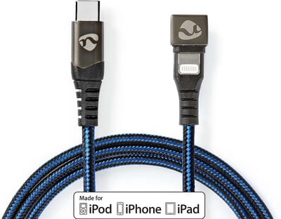 Nedis USB-Kabel - USB 2.0 - Apple Lightning 8-Pins - USB-C Male - 60 W - 480 Mbps - Vernikkeld - 1.00 m - Rond - Gevlochten / Nylon - Blauw / Zwart - Cover Window Box