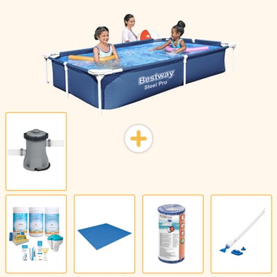 Bestway Rechthoekig Steel Pro Zwembad - 221 x 150 x 43 cm - Blauw - Inclusief Onderhoudspakket - Grondzeil - Filter - Stofzuiger - Zwembadfilterpomp - 6-delig