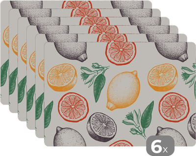 Placemat - Placemats kunststof - Fruit - Vintage - Keuken - Patronen - 45x30 cm - 6 stuks - Hittebestendig - Anti-Slip - Onderlegger - Afneembaar