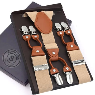 Sorprese - Luxe Chique Bretels - Crème - Cognac Leer - 6 Stevige Clips - Bretels Heren Volwassenen - Inclusief Cadeaudoos
