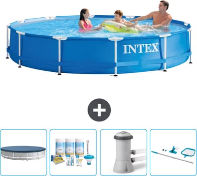 Intex Rond Frame Zwembad - 366 x 76 cm - Blauw - Inclusief Afdekzeil - Onderhoudspakket - Zwembadfilterpomp - Schoonmaakset