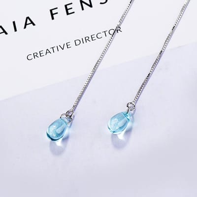 925 Sterling Zilver Eenvoudige Waterdruppelvormige Blauwe Kristal Lange Kwast Oorbellen Oorlijn Hangende Oorbellen S-E665 gray