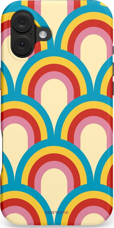 Casetastic hoesje geschikt voor Apple iPhone 16 Plus - MagSafe - Dubbellaagse bescherming - Retro regenboog - Fashion Case - Lichtblauw Crème Goud Rood