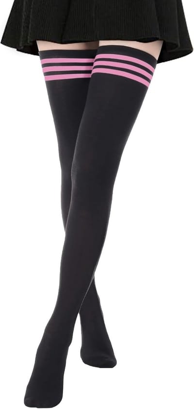 Famanu - Extra lange dijkousen Lange laarskousen Gestreepte overkniekousen voor dames Katoenen beenwarmers, 1 Pair Extra Long Black (pink stripe)