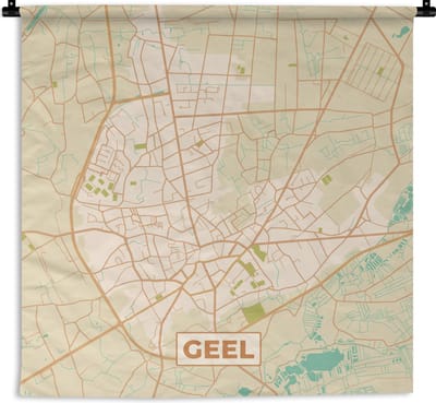 Wandkleed - Wanddoek - Kaart - Retro - Stadskaart - Plattegrond - Geel - 180x180 cm - Wandtapijt