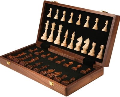 Schaakset Hout - Opvouwbaar Bord - Familie Spel - Gepersonaliseerde Opbergruimte - 39cm - Houtkleur