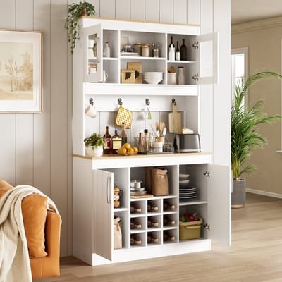REDOM - Keukenbuffet met opzetkast - Glazen deuren - Wijnrek - Hakenlijst - Spanplaat - Keuken - Naturel en wit - 106 x 39 x 175 cm