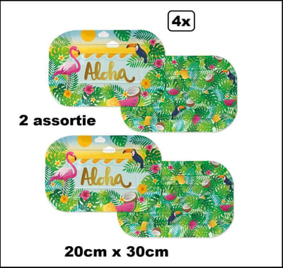 4x Serveerschaal Tropical Aloha 30cm x 20cm - 2 assortie - karton - Hapjes snacks food eten thema feest uitdeel Hawai beach