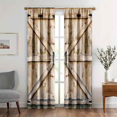 2 Panelen Vintage Houten Deur Patroon Gedrukte Gordijnen voor Woonkamer Slaapkamer, Translucent Lichtfilter Modieuze Woningdecoratie W60H60(CM)x2pcs&Rod Pocket beige