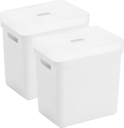 Sunware opbergboxen met deksel - 2x - Sigma Home - kunststof - 25 liter - wit - opberg bakken / manden - 35 x 25 x 36 cm