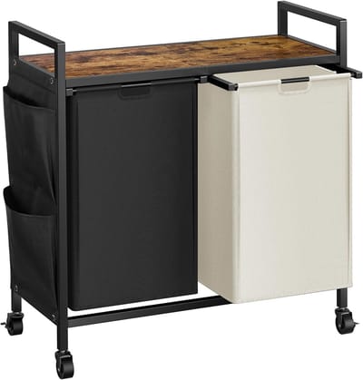 Dubbele Wasmand met Deksel en Wielen - Grote Wasopslag Organizer met 2 Afneembare Zakken - Zwart en Beige